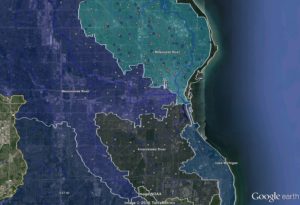 Mapped in the above picture are Milwaukee’s three major river watersheds as they drain toward Lake Michigan. Also depicted as white and blue placemarkers are a fraction of the hundreds of schools in the region. source: Justin Hegarty