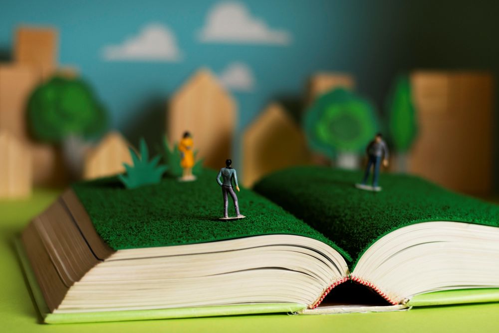 Illustration of an open book with a small path leading into green hills, representing future-ready learning and sustainability education