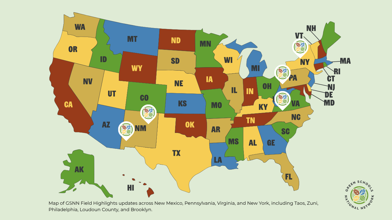 Map of GSNN Field Highlights updates across New Mexico, Pennsylvania, Virginia, and New York, including Taos, Zuni, Philadelphia, Loudoun County, and Brooklyn.